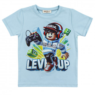 Детска памучна тениска "level up" в светлосиньо 1