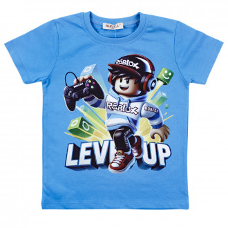 Детска памучна тениска "level up" в  синьо 1