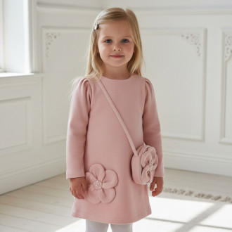 Рокля от фино плетиво с чантичка в пудра