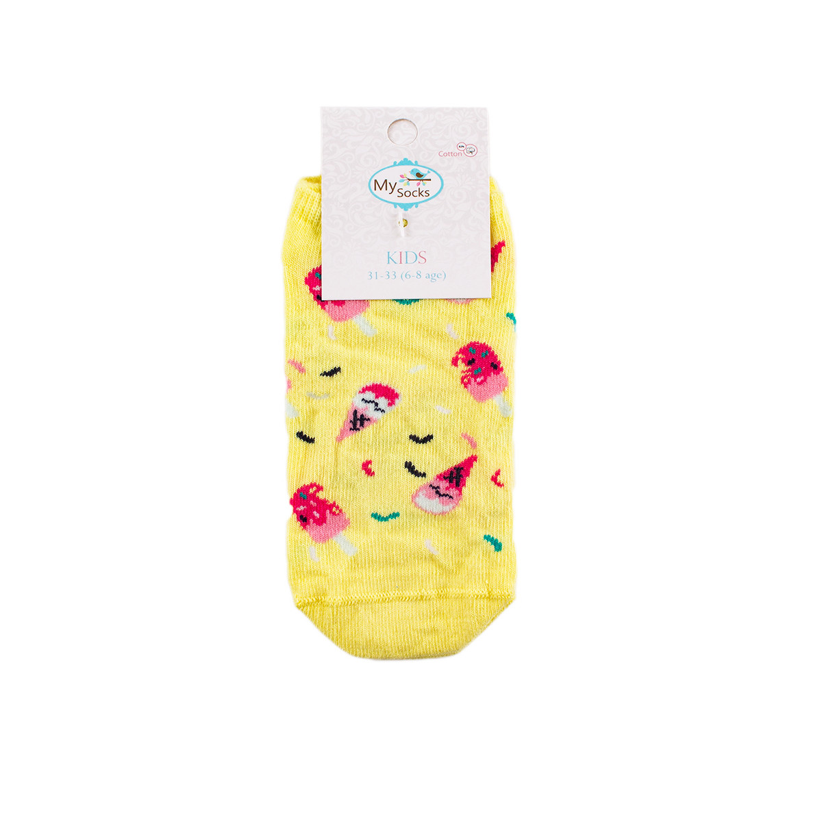 Детски къси чорапки тип терлик на сладоледи в жълто