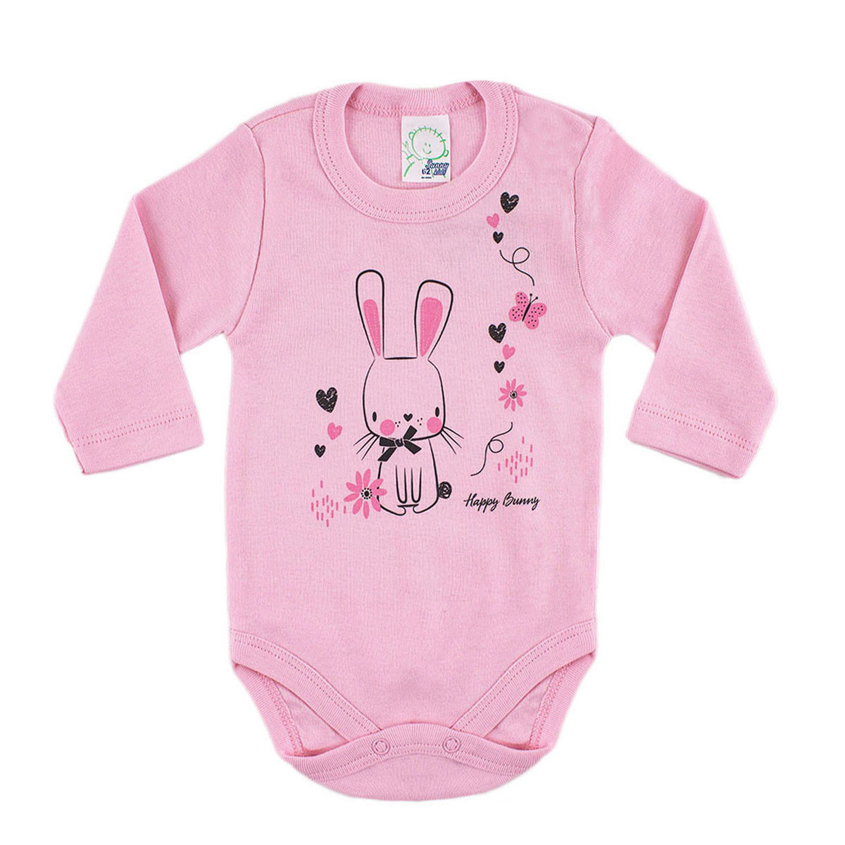 Бебешко боди от памучен рипс "Happy bunny" в розово
