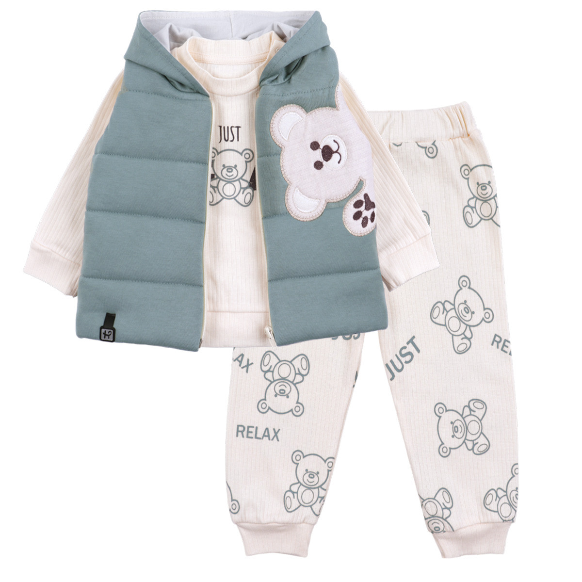 Памучен бебешки комплект от 3 части в бледозелено