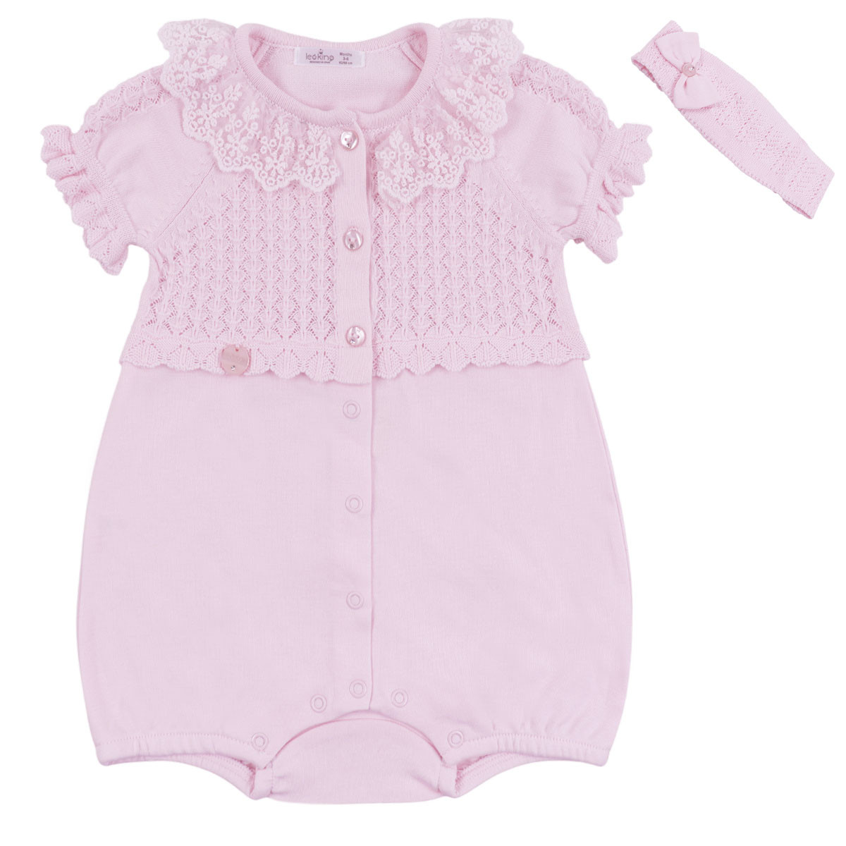 Бебешки ромпър с ажурено плетиво и лента за глава