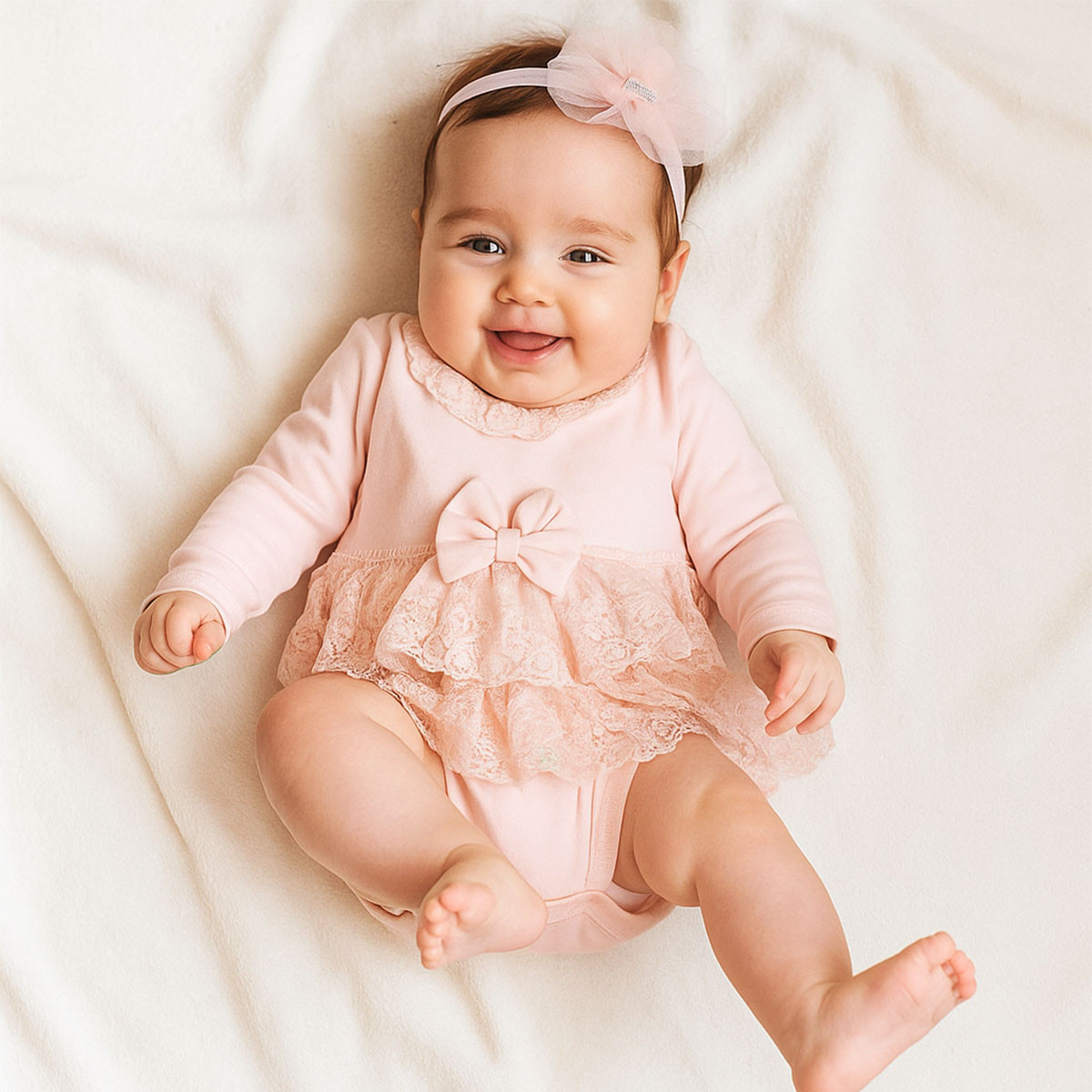 Бебешко боди-рокля с аксесоар в праскова