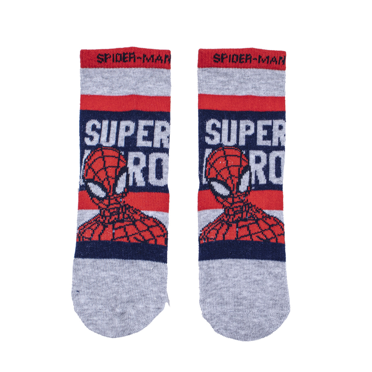 Детски къси чорапи със супер герой и надписи в сиво райе