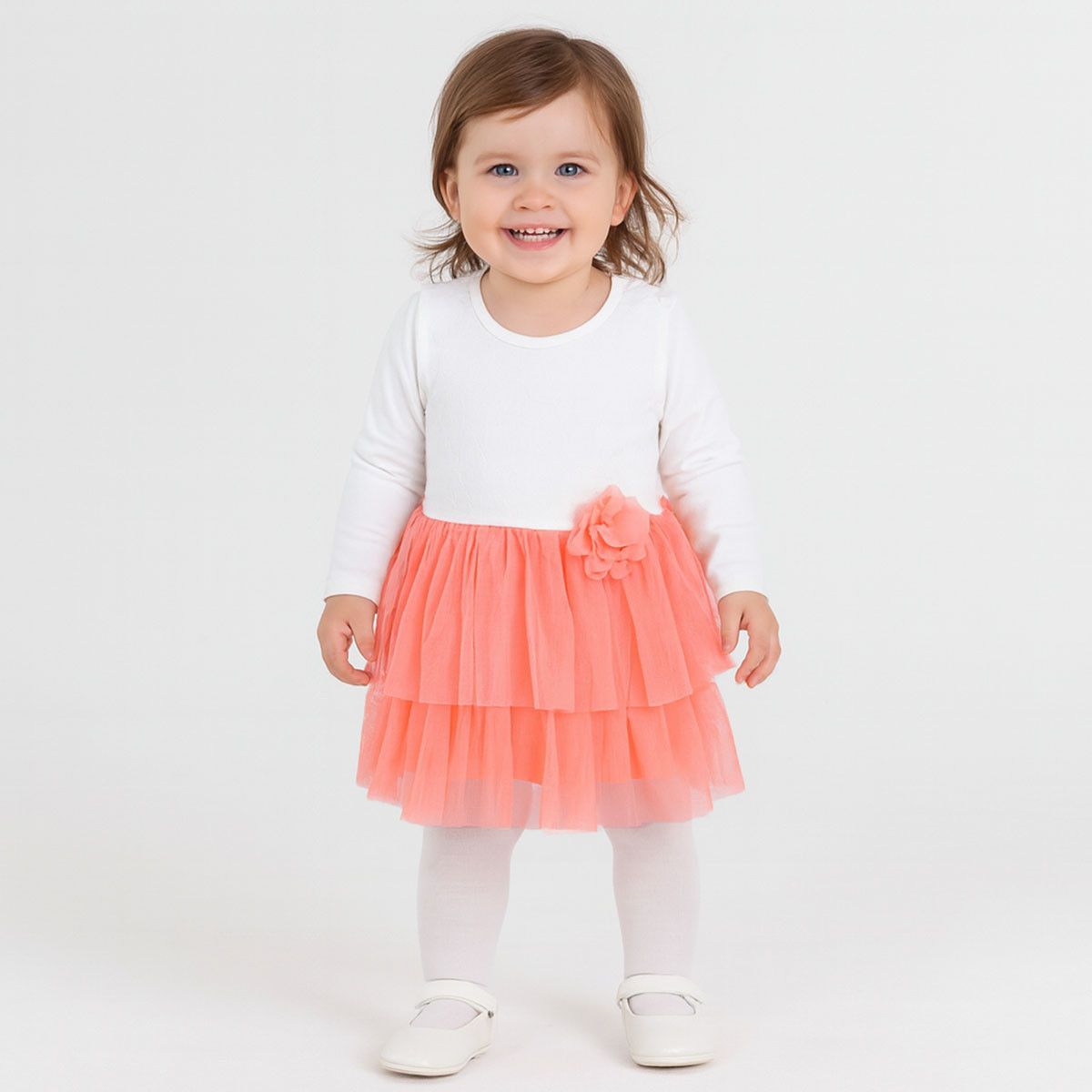 Детска празнична рокля "Кари" в бяло и праскова