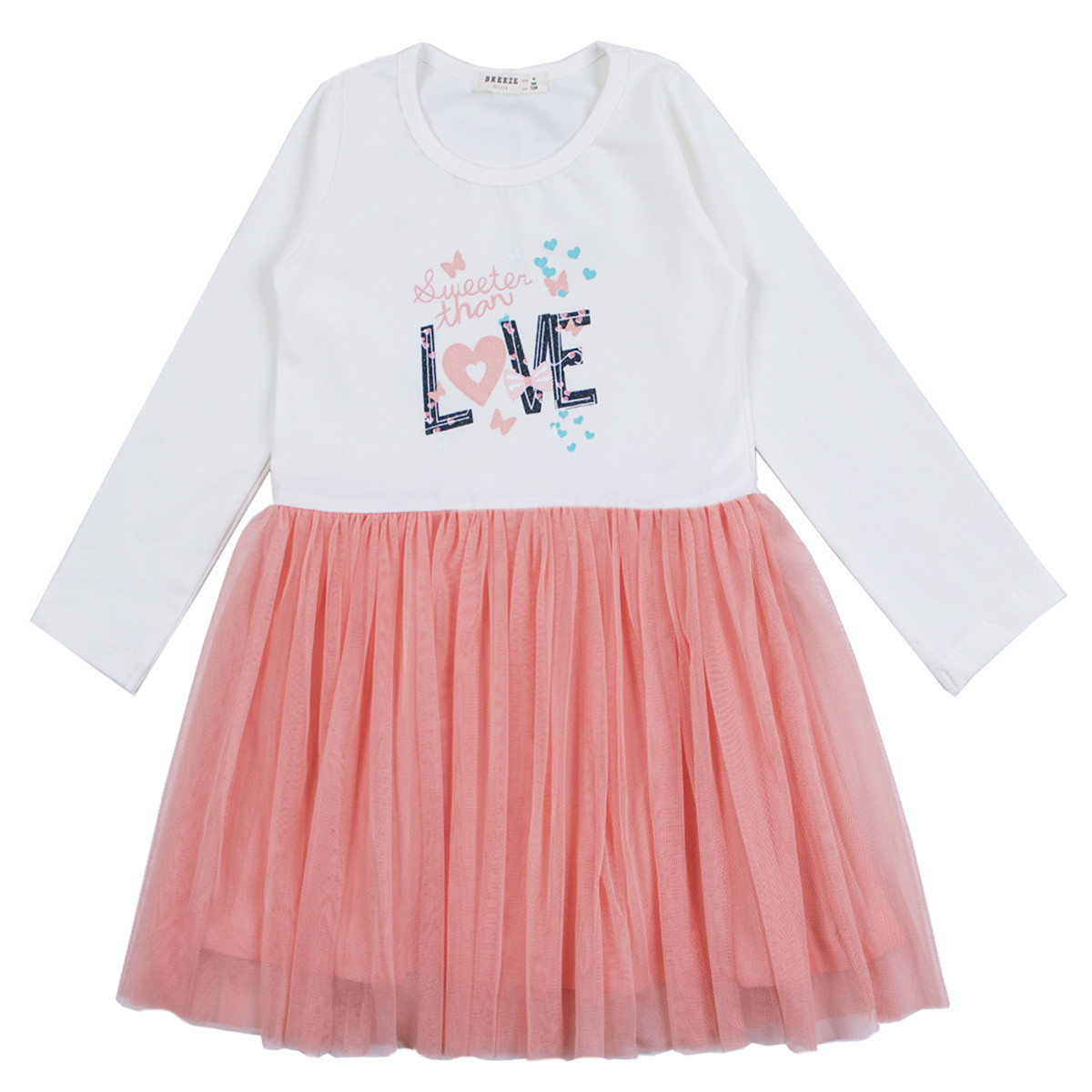 Детска рокля "Love" в бяло и цвят праскова