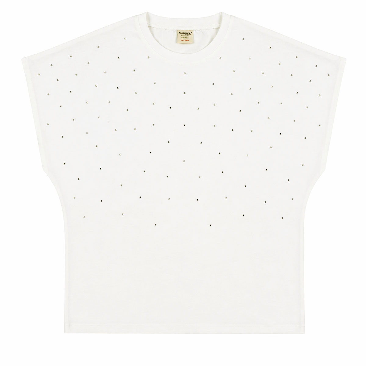 Детска тениска с паднало рамо и камъчета в екрю