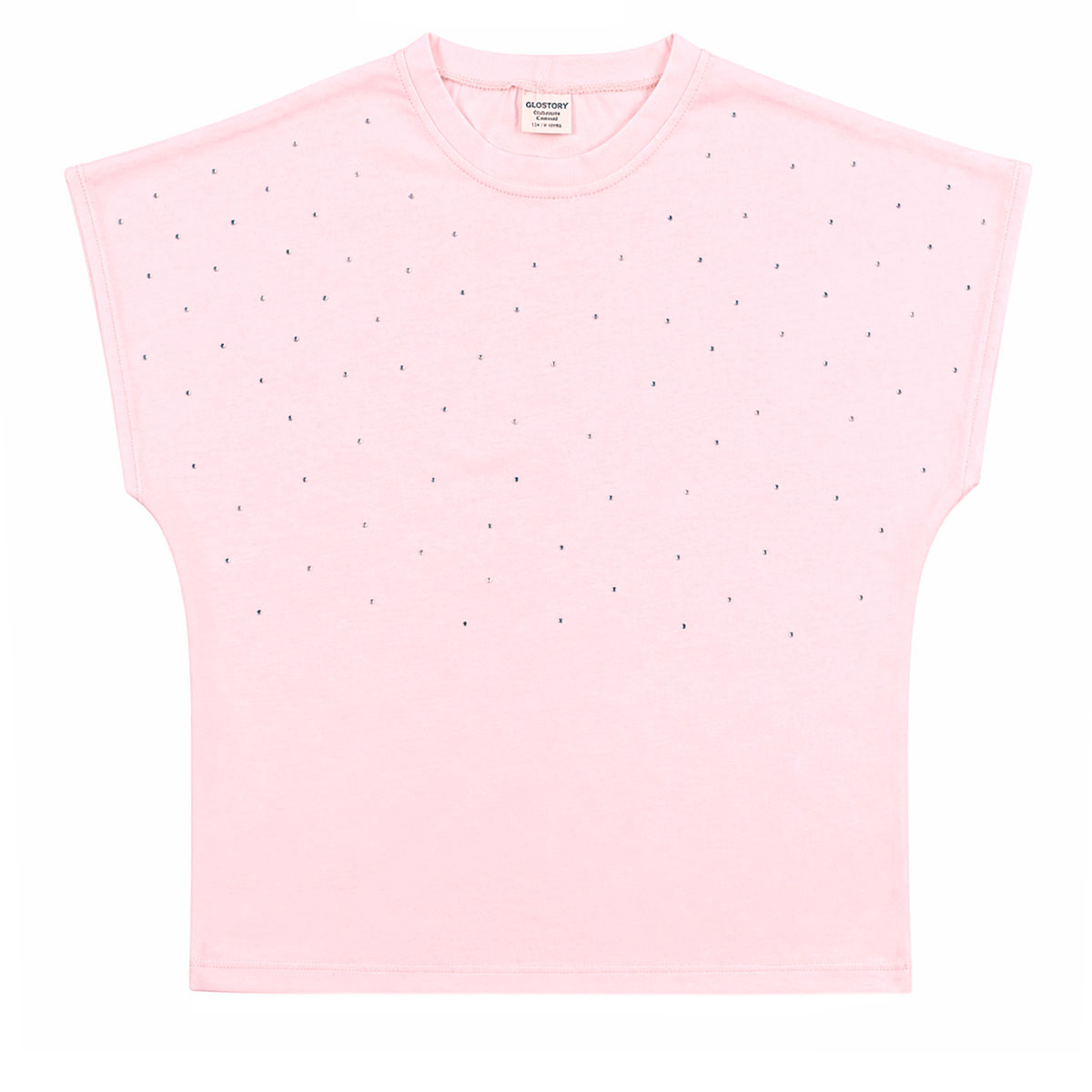 Детска тениска с паднало рамо и камъчета в розово