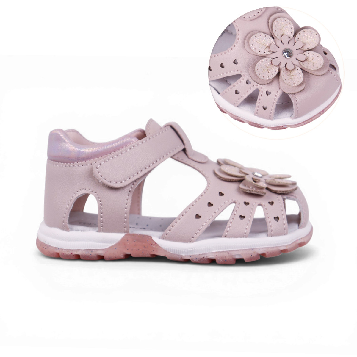 Анатомични детски сандали с цвете в пудра