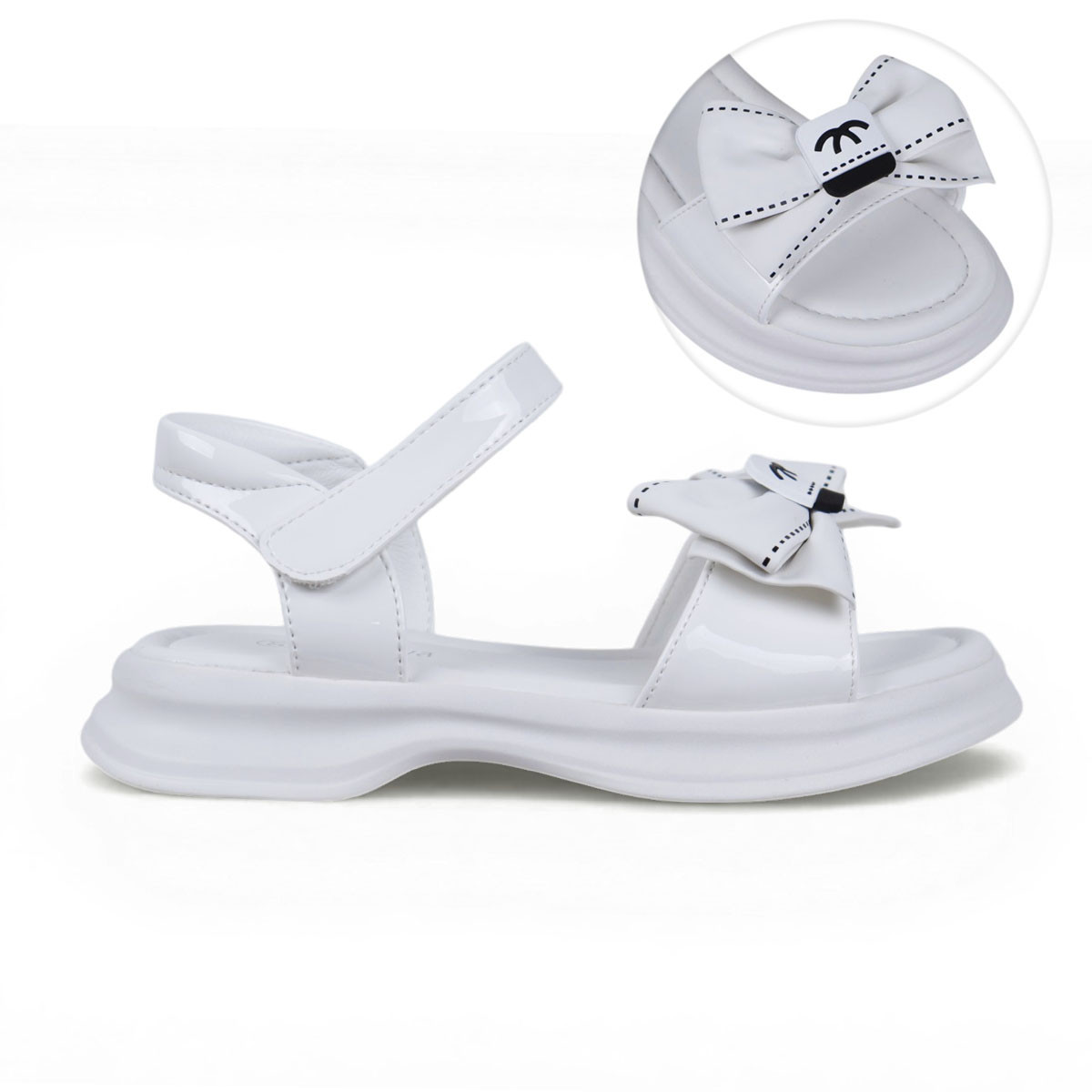 Детски лачени сандали с пандела в бяло