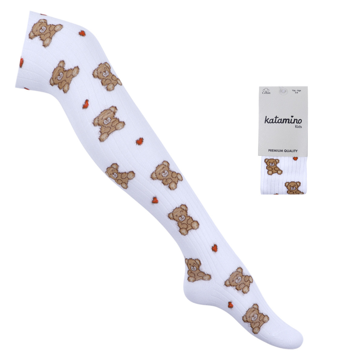 Детски памучен чорапогащник "Мече" в бяло