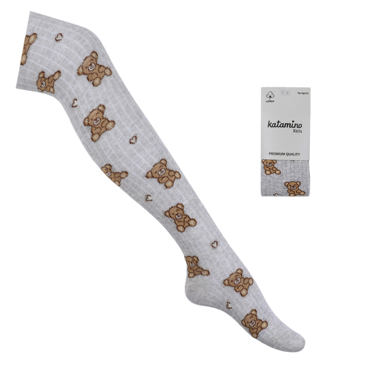 Детски памучен чорапогащник "Мече" в сив меланж