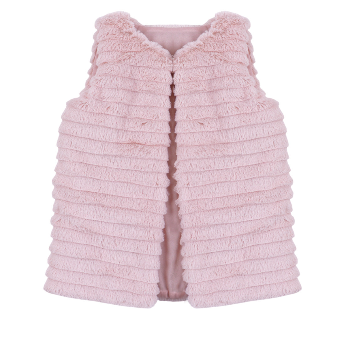 Детски пухен елек с релефни райета в опушено розово