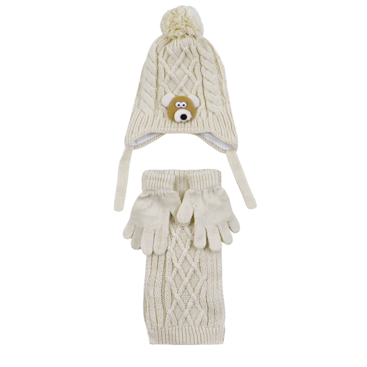 Комплект шал, шапка и ръкавички "Bear" в светлобежово