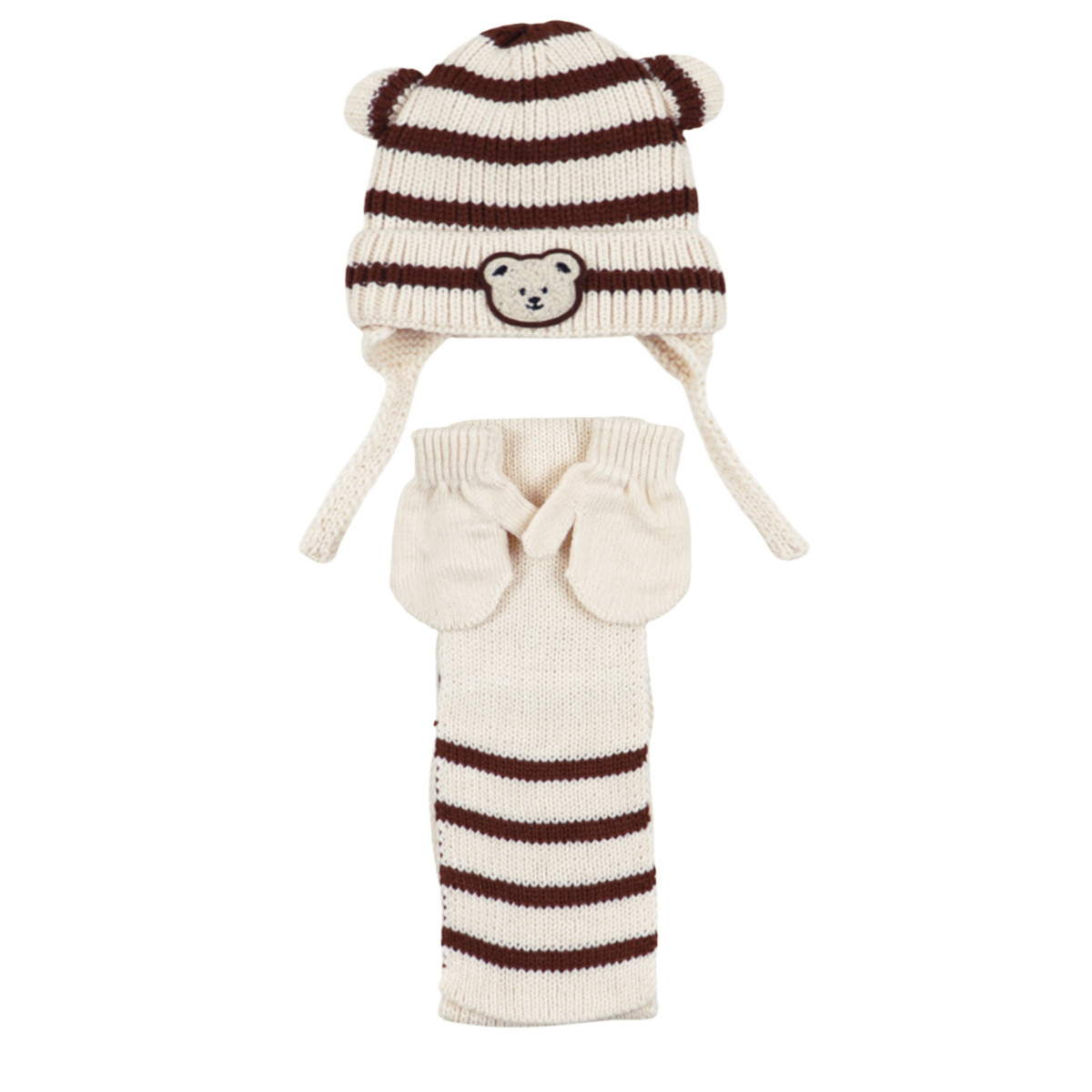 Комплект шал, шапка и ръкавички "Мече" в екрю и кафяво