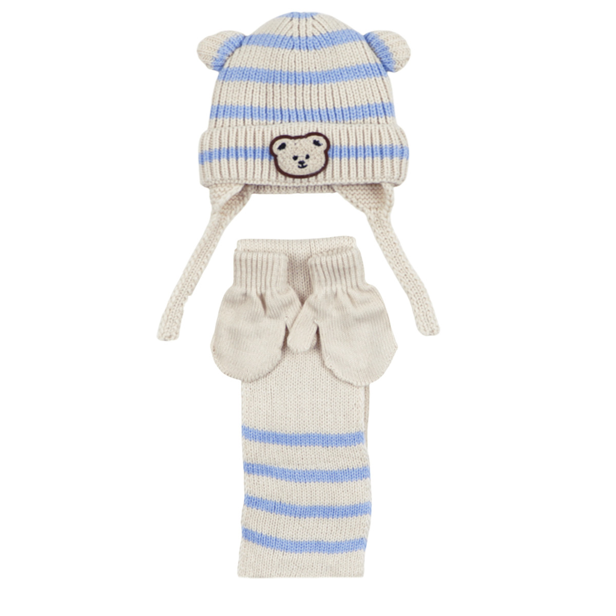 Комплект шал, шапка и ръкавички "Мече" в екрю и синьо