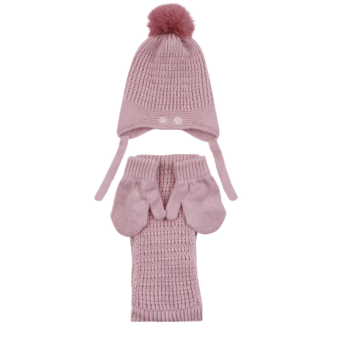 Комплект шал, шапка и ръкавички "Paws" в опушено розово