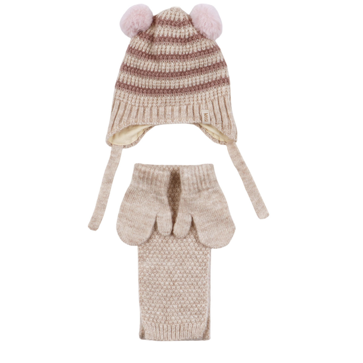 Комплект шал, шапка и ръкавички в бежово райе