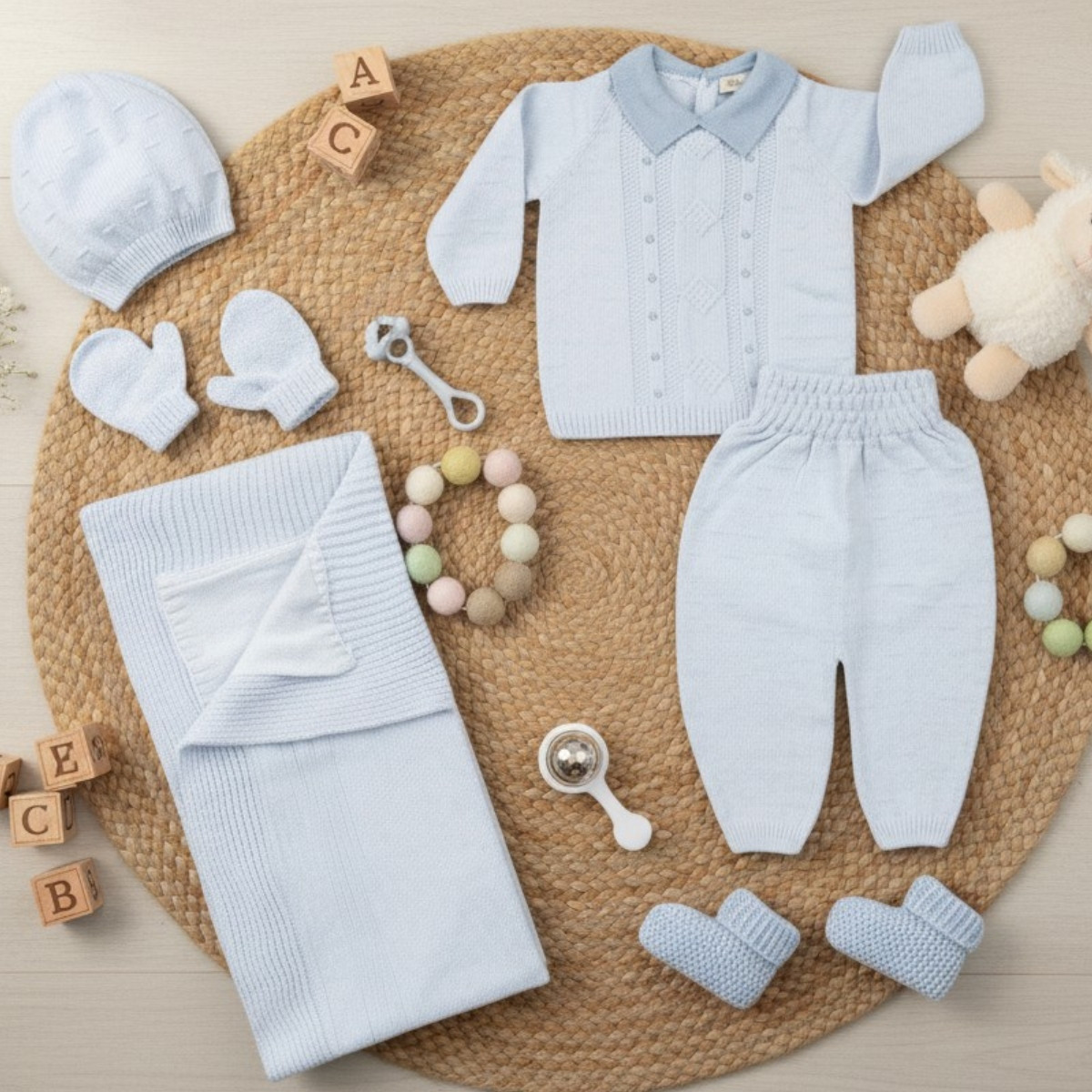 Комплект за изписване на момченца от фино плетиво в синьо