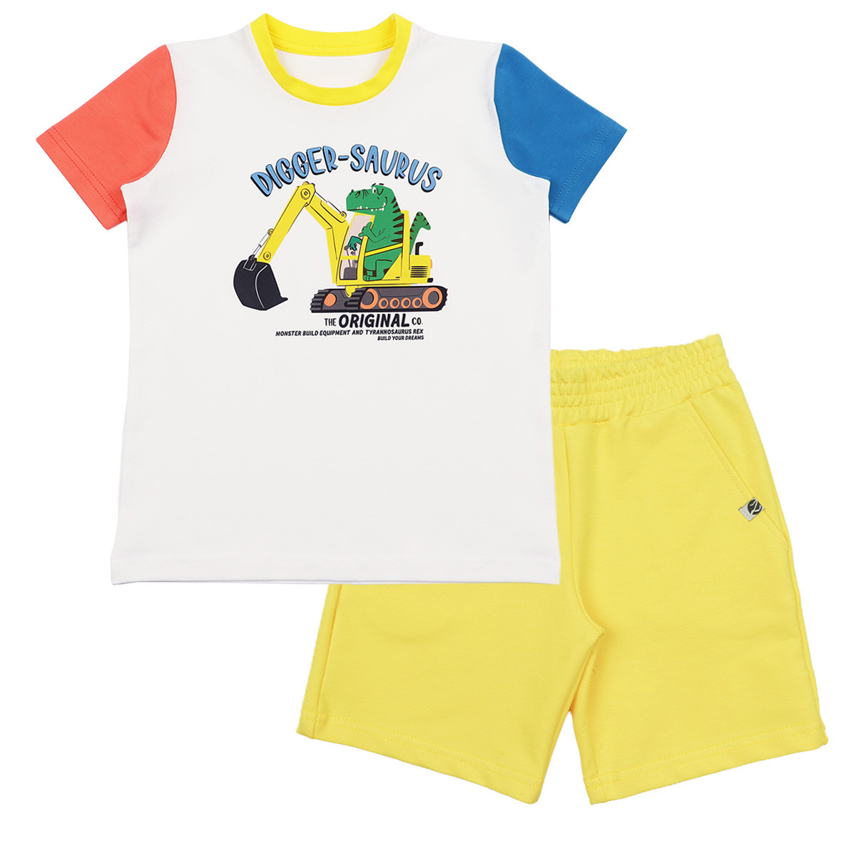 Летен комплект "Digger-saurus" в екрю и жълто