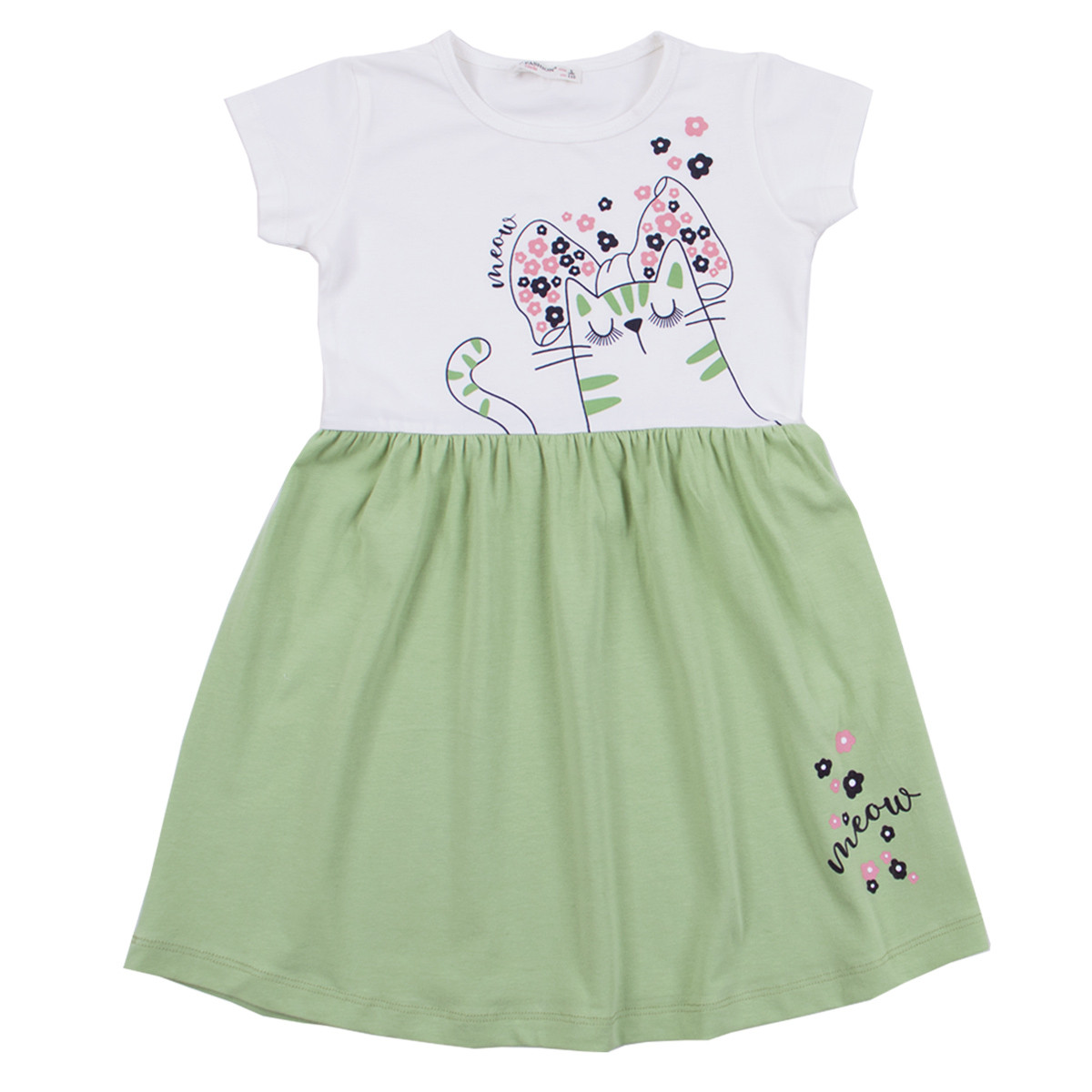Лятна трикотажна рокля "Meow" в бяло и светлозелено