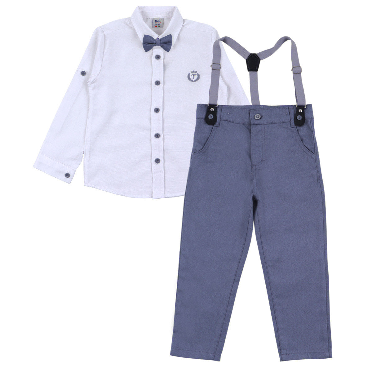 Официален комплект с папийонка и тиранти в бяло и гълъбово синьо