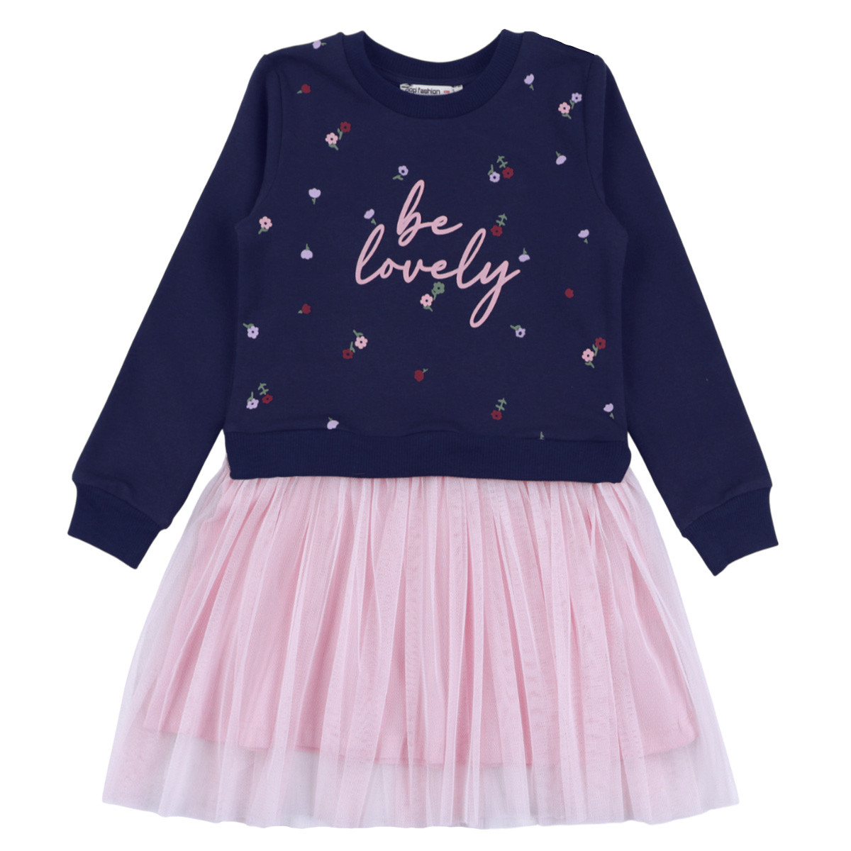 Детска плътна рокля "Be lovely" в тъмносиньо и розово