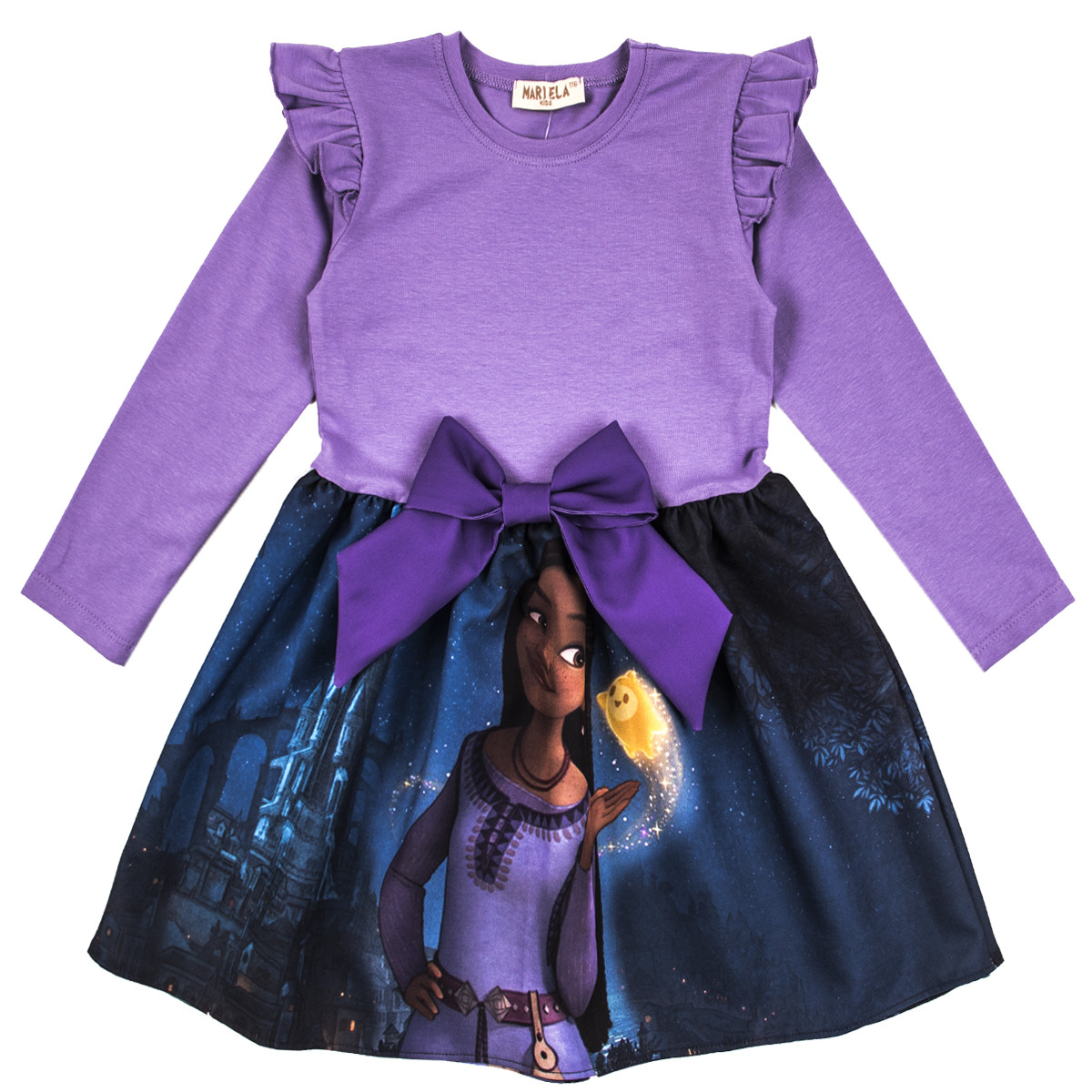 Детска трикотажна рокля с анимационен герой в лилаво