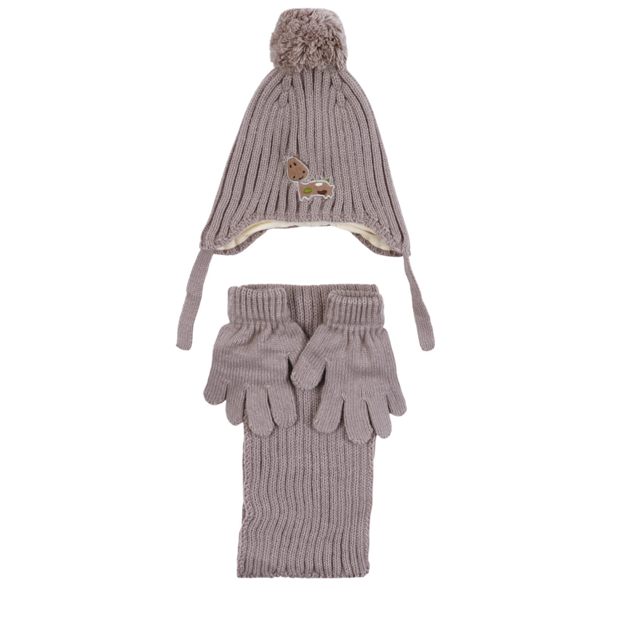 Комплект шал, шапка и ръкавички ''Дино'' в тъмнобежово