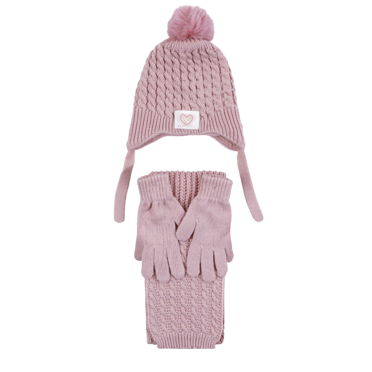 Комплект шал, шапка и ръкавици ''Beautiful'' опушено розово