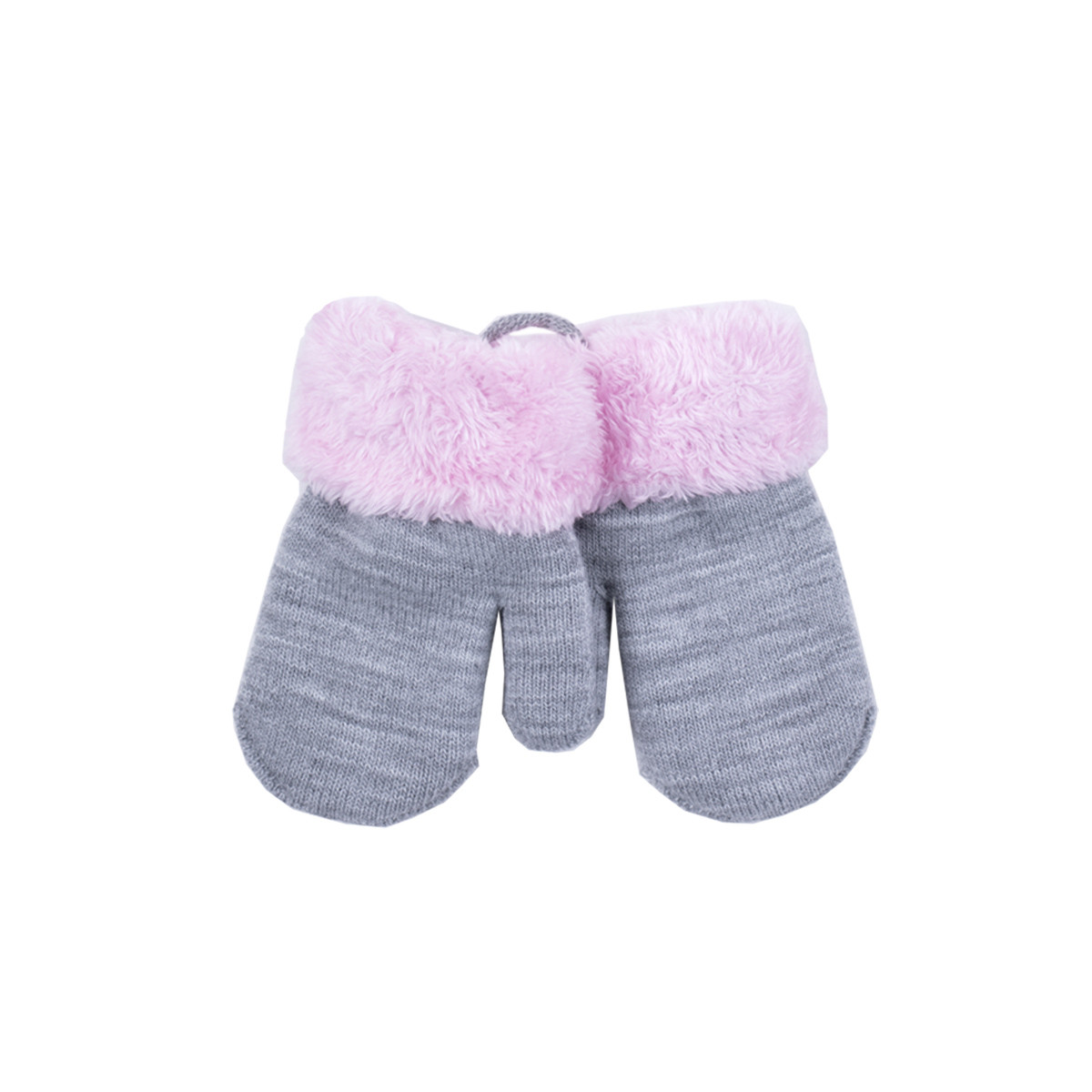 Термо ръкавици в сив меланж с розови пухчета